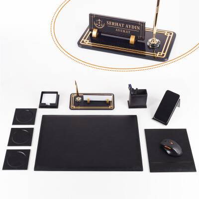 Focus Avukata Özel Siyah Deri Sümen Takımı ve Kristal Masa İsimliği Ofis Masa Sümen Seti ve İsimlik - Ofistike