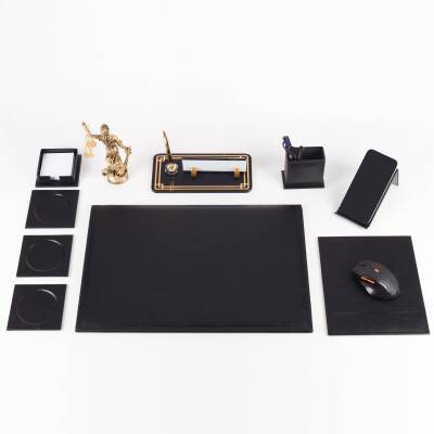 Focus Themis Biblolu Siyah Deri Sümen Takımı ve Kristal Masa İsimliği Masa Sümen Seti ve İsimlik - 2