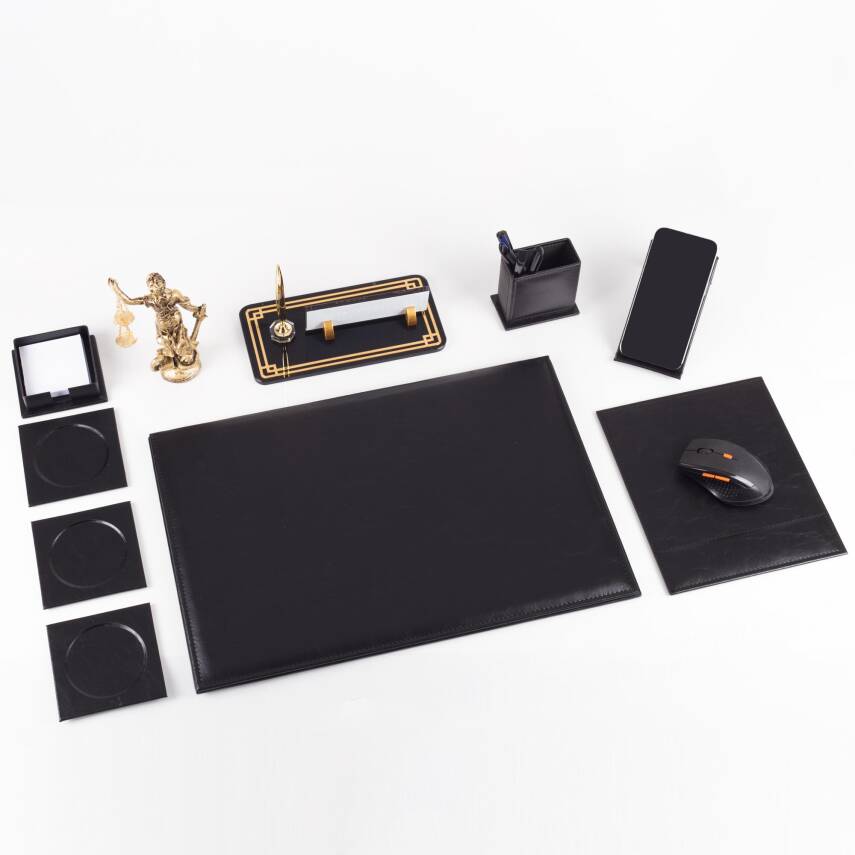 Focus Themis Biblolu Siyah Deri Sümen Takımı ve Kristal Masa İsimliği Masa Sümen Seti ve İsimlik - 3