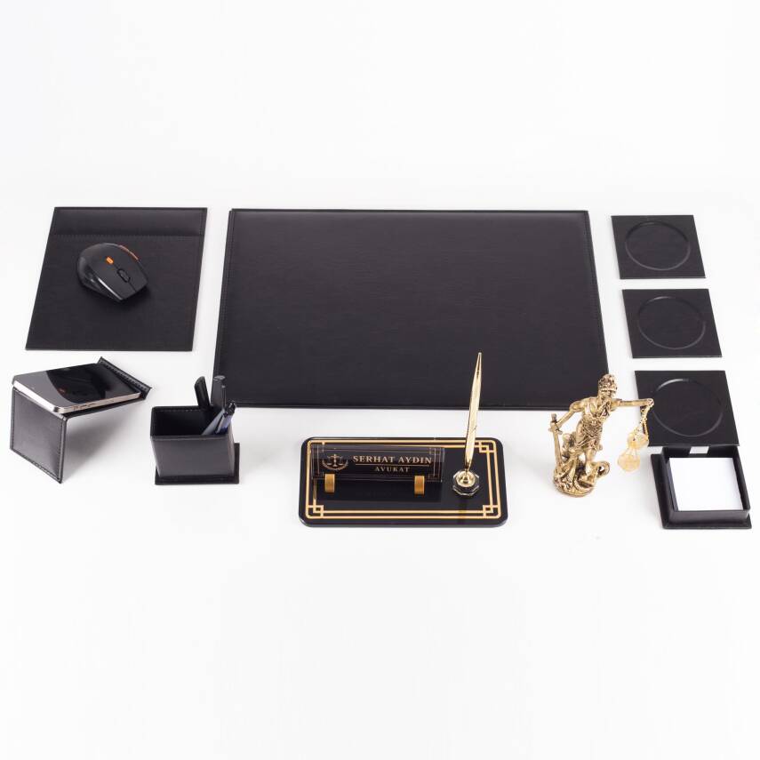 Focus Themis Biblolu Siyah Deri Sümen Takımı ve Kristal Masa İsimliği Masa Sümen Seti ve İsimlik - 5