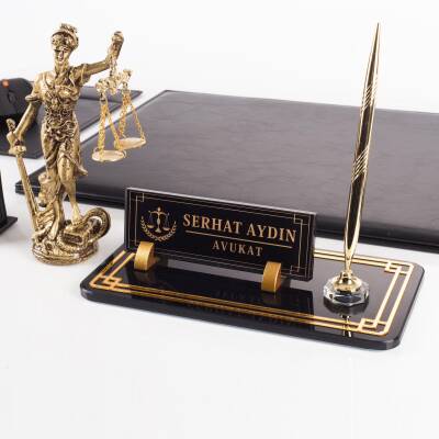 Focus Themis Biblolu Siyah Deri Sümen Takımı ve Kristal Masa İsimliği Masa Sümen Seti ve İsimlik - 6