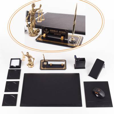 Focus Themis Biblolu Siyah Deri Sümen Takımı ve Kristal Masa İsimliği Masa Sümen Seti ve İsimlik 