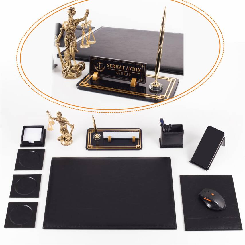 Focus Themis Biblolu Siyah Deri Sümen Takımı ve Kristal Masa İsimliği Masa Sümen Seti ve İsimlik - 1