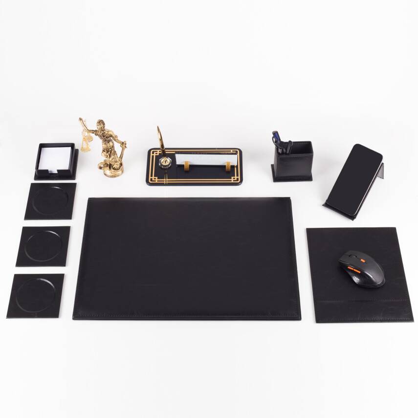 Focus Themis Biblolu Siyah Deri Sümen Takımı ve Kristal Masa İsimliği Masa Sümen Seti ve İsimlik - 2