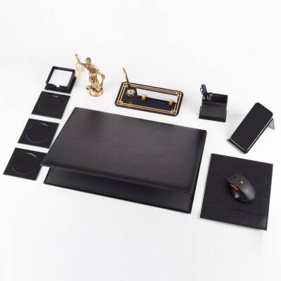 Focus Themis Biblolu Siyah Deri Sümen Takımı ve Kristal Masa İsimliği Masa Sümen Seti ve İsimlik - 4