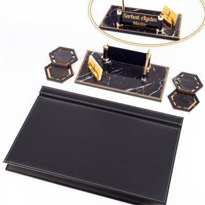 Fox Siyah Deri Sümen Takımı Gold Mermer Desen Ahşap İsme Özel Masa İsimliği Masaüstü İsimlik Seti - Ofistike