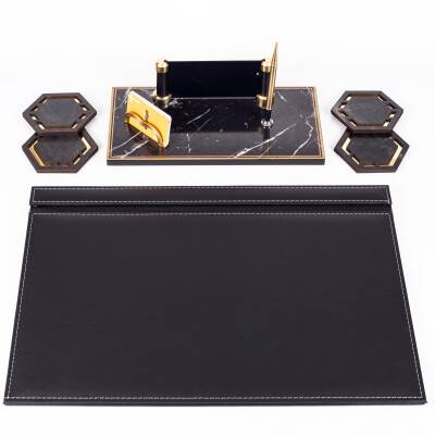 Fox Siyah Deri Sümen Takımı Gold Mermer Desen Ahşap İsme Özel Masa İsimliği Masaüstü İsimlik Seti - 2