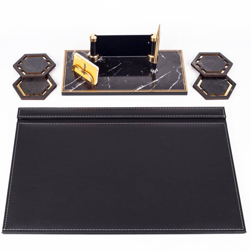 Fox Siyah Deri Sümen Takımı Gold Mermer Desen Ahşap İsme Özel Masa İsimliği Masaüstü İsimlik Seti - 2