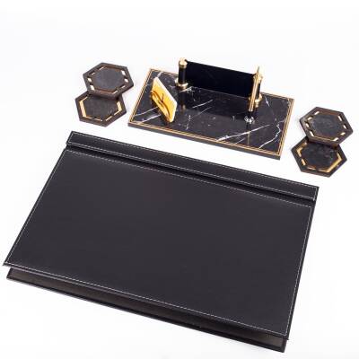 Fox Siyah Deri Sümen Takımı Gold Mermer Desen Ahşap İsme Özel Masa İsimliği Masaüstü İsimlik Seti - 3