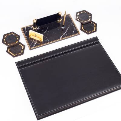 Fox Siyah Deri Sümen Takımı Gold Mermer Desen Ahşap İsme Özel Masa İsimliği Masaüstü İsimlik Seti - 4