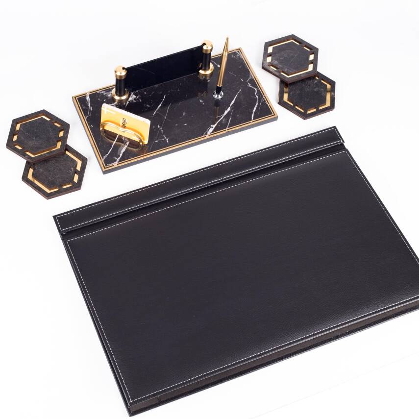 Fox Siyah Deri Sümen Takımı Gold Mermer Desen Ahşap İsme Özel Masa İsimliği Masaüstü İsimlik Seti - 4