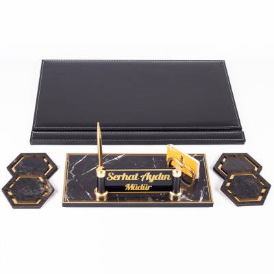 Fox Siyah Deri Sümen Takımı Gold Mermer Desen Ahşap İsme Özel Masa İsimliği Masaüstü İsimlik Seti - 5