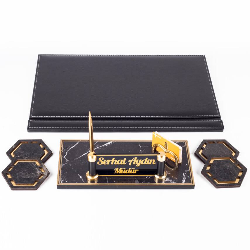 Fox Siyah Deri Sümen Takımı Gold Mermer Desen Ahşap İsme Özel Masa İsimliği Masaüstü İsimlik Seti - 5