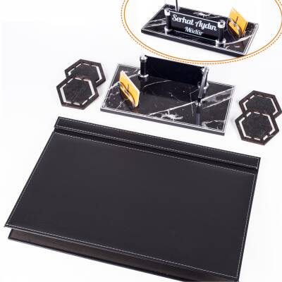 Fox Siyah Deri Sümen Takımı Gümüş Mermer Desen Ahşap İsme Özel Masa İsimliği Masaüstü İsimlik Seti - Ofistike