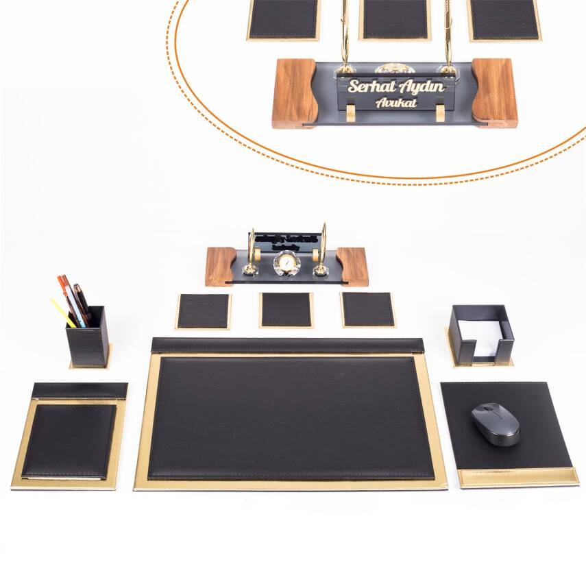 Girit Altın Varak Deri Sümen Takımı Çift Kalemli Kristal İsimlikli Kabartma Yazılı Sümen Seti - 1