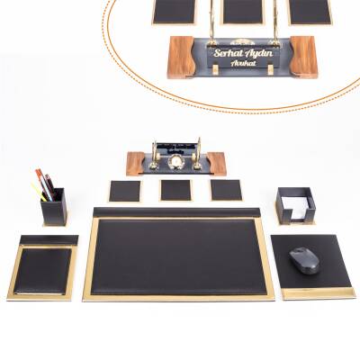 Girit Altın Varak Deri Sümen Takımı Çift Kalemli Kristal İsimlikli Kabartma Yazılı Sümen Seti 