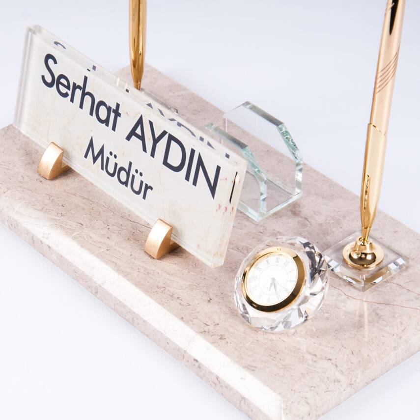 Grand Krem Mermer İsimlik Ofis Masaüstü İsimliği Lüks Set Lüks Mermer Masa İsimliği - 1