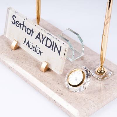 Grand Krem Mermer İsimlik Ofis Masaüstü İsimliği Lüks Set Lüks Mermer Masa İsimliği - Ofistike