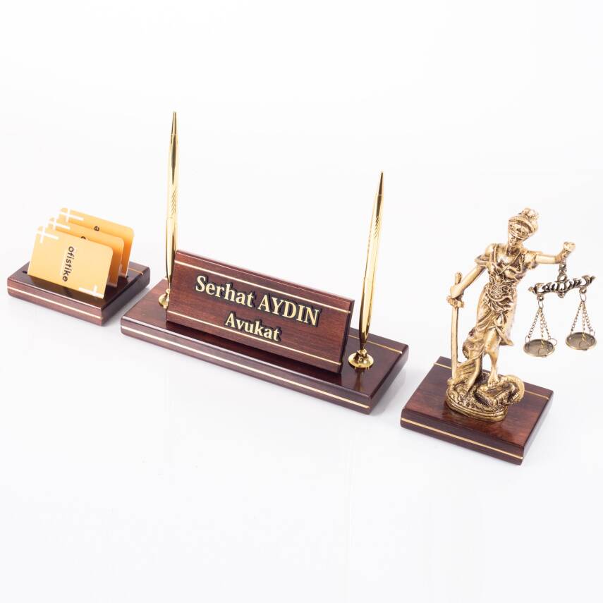 Hakiki Maun Masa İsimliği Avukat Hakim Savcı Masa üstü İsimlik Pirinç Masif 3 Parça Adalet Heykeli - 1