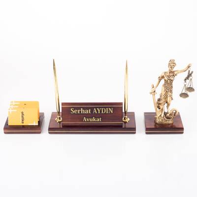 Hakiki Maun Masa İsimliği Avukat Hakim Savcı Masa üstü İsimlik Pirinç Masif 3 Parça Adalet Heykeli - 2