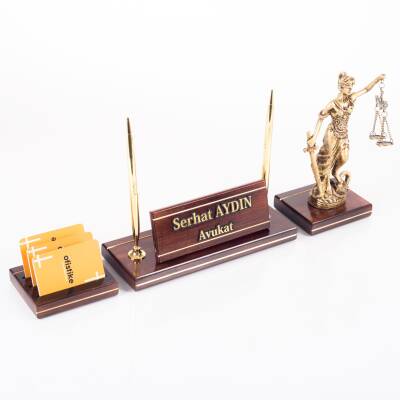 Hakiki Maun Masa İsimliği Avukat Hakim Savcı Masa üstü İsimlik Pirinç Masif 3 Parça Adalet Heykeli - 3