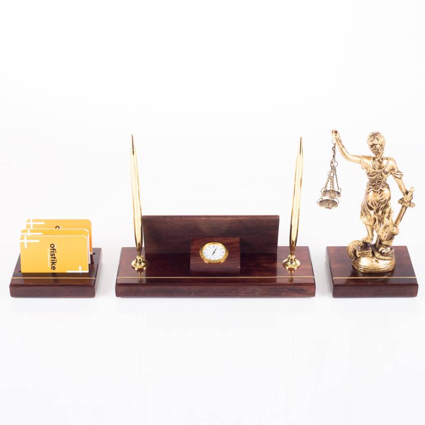 Hakiki Maun Masa İsimliği Avukat Hakim Savcı Masa üstü İsimlik Pirinç Masif 3 Parça Adalet Heykeli - 4