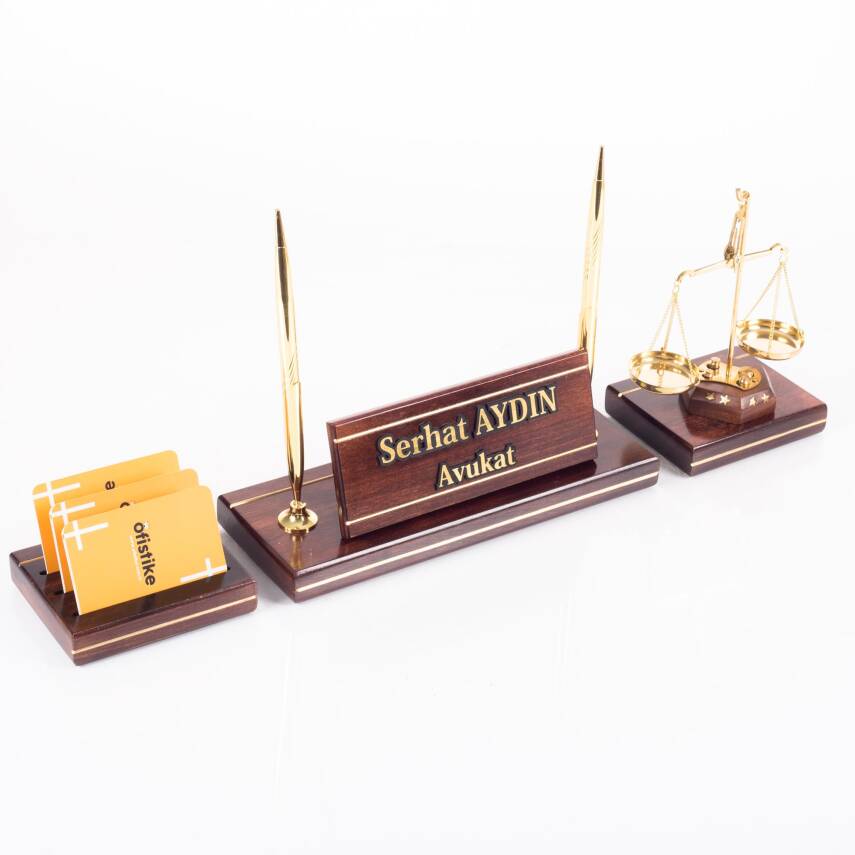 Hakiki Maun Masa İsimliği Avukat Hakim Savcı Masa üstü İsimlik Pirinç Masif 3 Parça Terazi Heykeli - 3