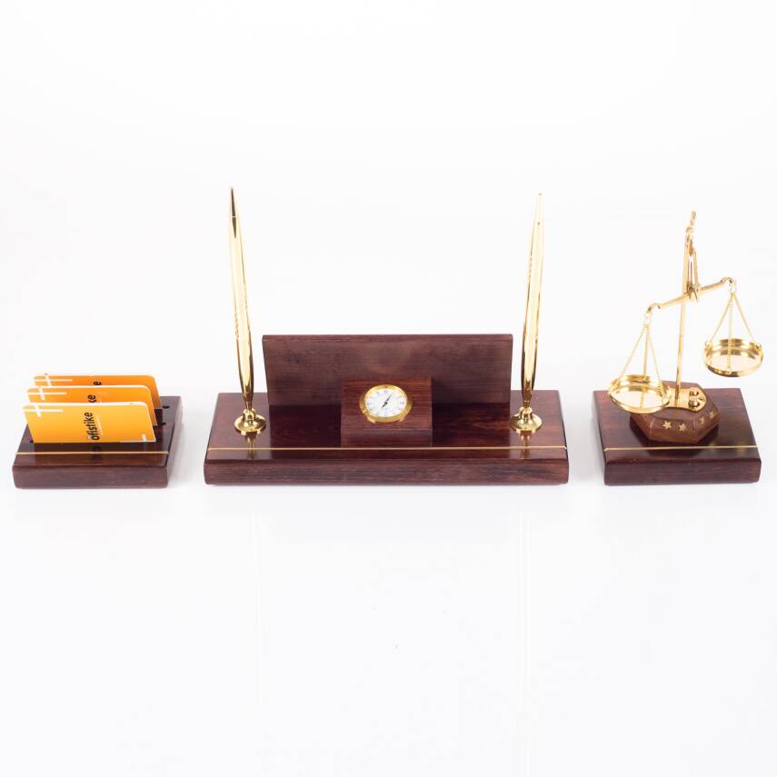 Hakiki Maun Masa İsimliği Avukat Hakim Savcı Masa üstü İsimlik Pirinç Masif 3 Parça Terazi Heykeli - 4