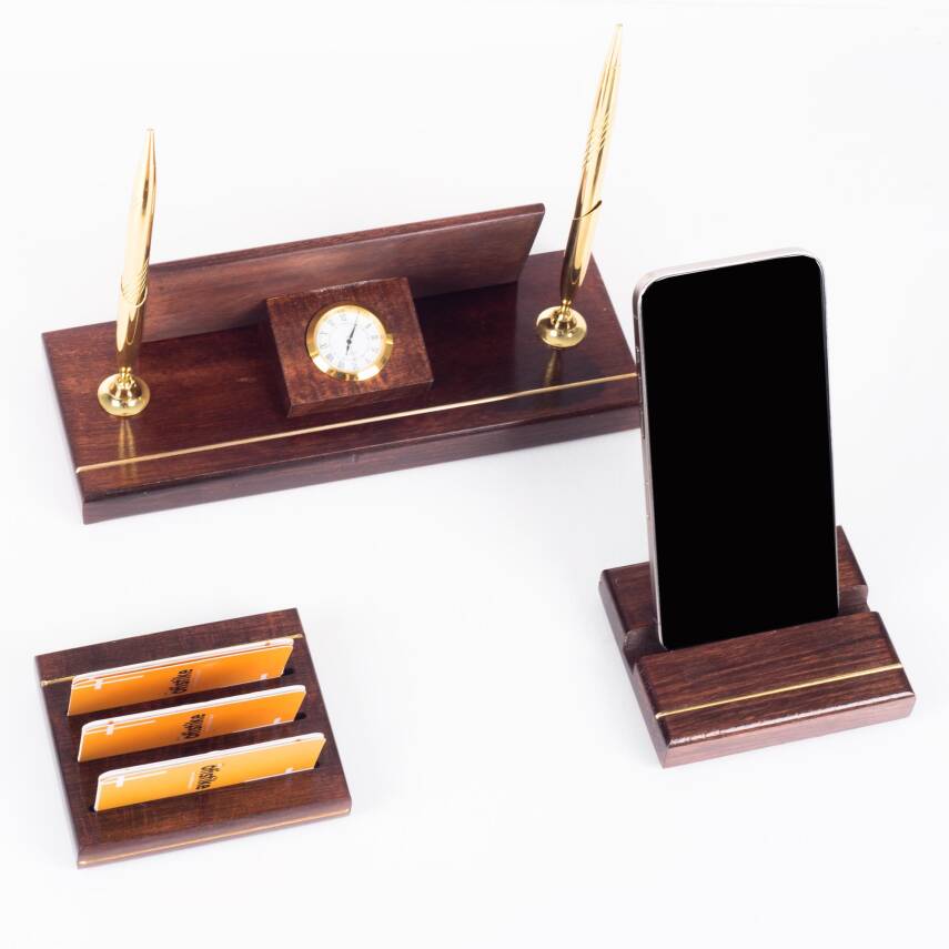 Hakiki Maun Masa İsimliği Telefon Standlı Masa üstü İsimlik Pirinç Masif 3 Parça Masa İsimlik Seti - 2