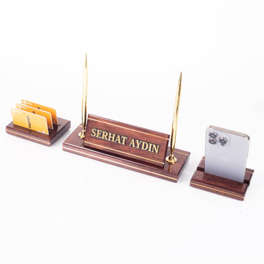 Hakiki Maun Masa İsimliği Telefon Standlı Masa üstü İsimlik Pirinç Masif 3 Parça Masa İsimlik Seti - 4