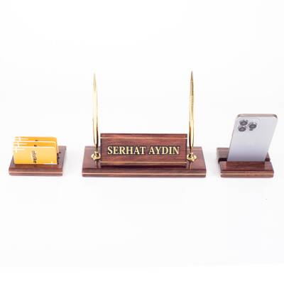 Hakiki Maun Masa İsimliği Telefon Standlı Masa üstü İsimlik Pirinç Masif 3 Parça Masa İsimlik Seti - 6
