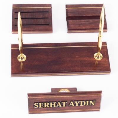 Hakiki Maun Masa İsimliği Telefon Standlı Masa üstü İsimlik Pirinç Masif 3 Parça Masa İsimlik Seti - 7