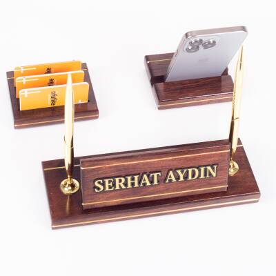 Hakiki Maun Masa İsimliği Telefon Standlı Masa üstü İsimlik Pirinç Masif 3 Parça Masa İsimlik Seti - Ofistike