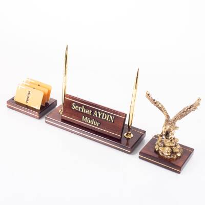Hakiki Maun Masa İsimliği Yönetici Masa üstü İsimlik Pirinç İşlemeli Masif 3 Parça Kartal Heykeli - Ofistike