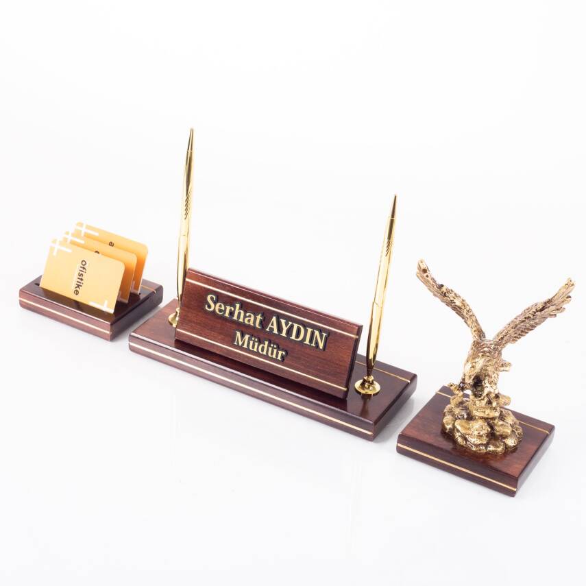 Hakiki Maun Masa İsimliği Yönetici Masa üstü İsimlik Pirinç İşlemeli Masif 3 Parça Kartal Heykeli - 1