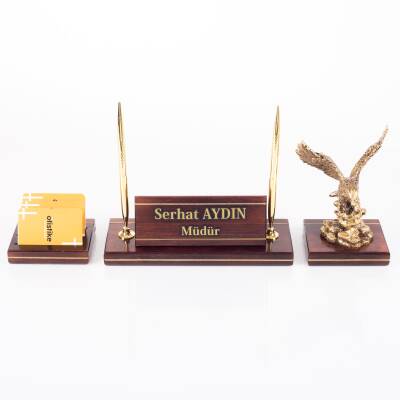 Hakiki Maun Masa İsimliği Yönetici Masa üstü İsimlik Pirinç İşlemeli Masif 3 Parça Kartal Heykeli - 2