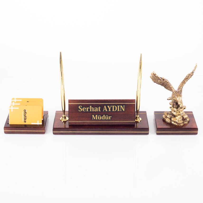 Hakiki Maun Masa İsimliği Yönetici Masa üstü İsimlik Pirinç İşlemeli Masif 3 Parça Kartal Heykeli - 2