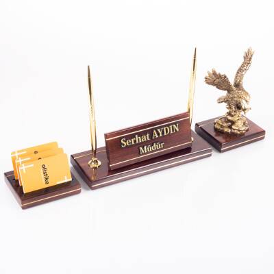 Hakiki Maun Masa İsimliği Yönetici Masa üstü İsimlik Pirinç İşlemeli Masif 3 Parça Kartal Heykeli - 3