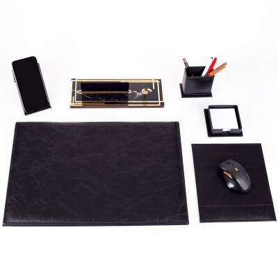 Hera Siyah Deri Sümen Takımı Gold Mermer Desen Ahşap İsme Özel Masa İsimliği İsimlik Seti - Ofistike