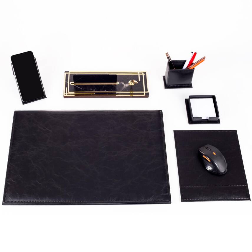 Hera Siyah Deri Sümen Takımı Gold Mermer Desen Ahşap İsme Özel Masa İsimliği İsimlik Seti - 1