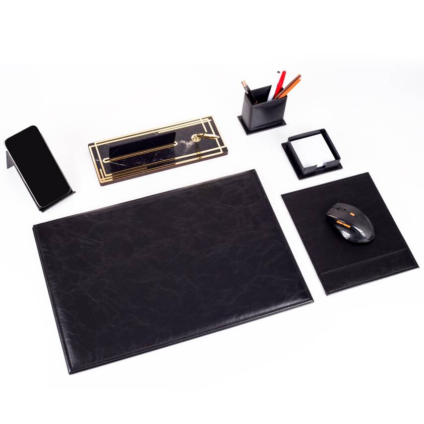 Hera Siyah Deri Sümen Takımı Gold Mermer Desen Ahşap İsme Özel Masa İsimliği İsimlik Seti - 2