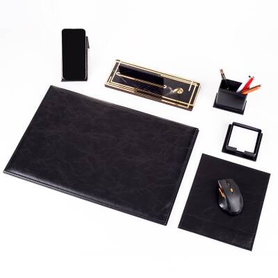 Hera Siyah Deri Sümen Takımı Gold Mermer Desen Ahşap İsme Özel Masa İsimliği İsimlik Seti - 3