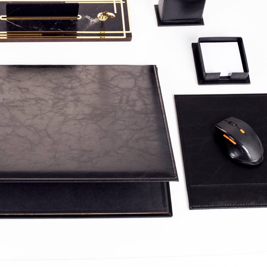 Hera Siyah Deri Sümen Takımı Gold Mermer Desen Ahşap İsme Özel Masa İsimliği İsimlik Seti - 4