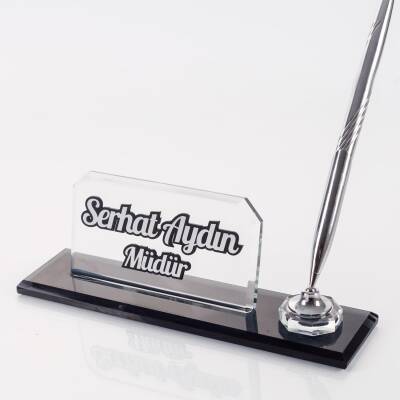 İnce Tasarım Kristal Masa İsimliği Kalemli Şık Ofis Hediyesi Masa üstü İsimlik Kalemlik - 3
