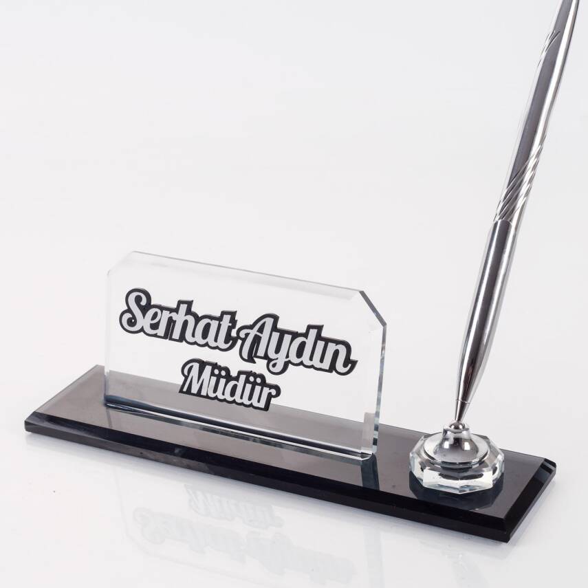İnce Tasarım Kristal Masa İsimliği Kalemli Şık Ofis Hediyesi Masa üstü İsimlik Kalemlik - 3