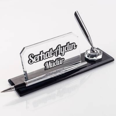 İnce Tasarım Kristal Masa İsimliği Kalemli Şık Ofis Hediyesi Masa üstü İsimlik Kalemlik - Ofistike