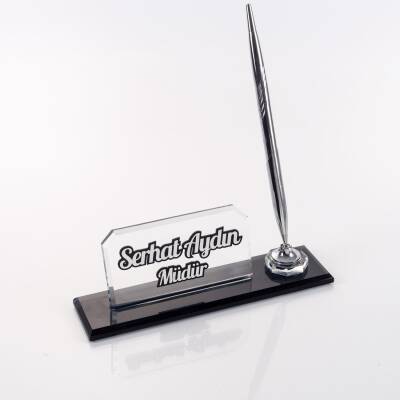 İnce Tasarım Kristal Masa İsimliği Kalemli Şık Ofis Hediyesi Masa üstü İsimlik Kalemlik - 2