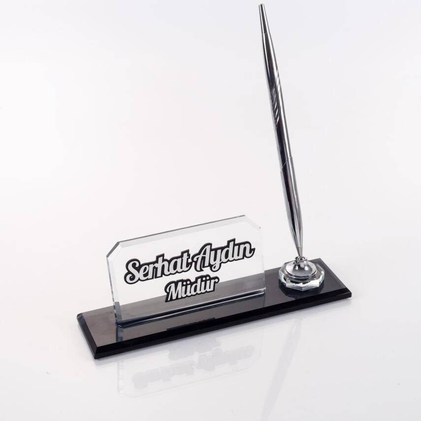 İnce Tasarım Kristal Masa İsimliği Kalemli Şık Ofis Hediyesi Masa üstü İsimlik Kalemlik - 2