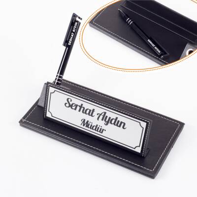İsme Özel Kalemli Deri Ofis Masaüstü İsimlik Hediye Masa İsimliği - 1