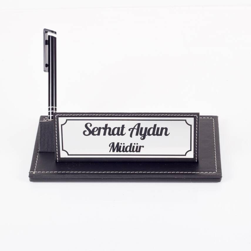İsme Özel Kalemli Deri Ofis Masaüstü İsimlik Hediye Masa İsimliği - 4